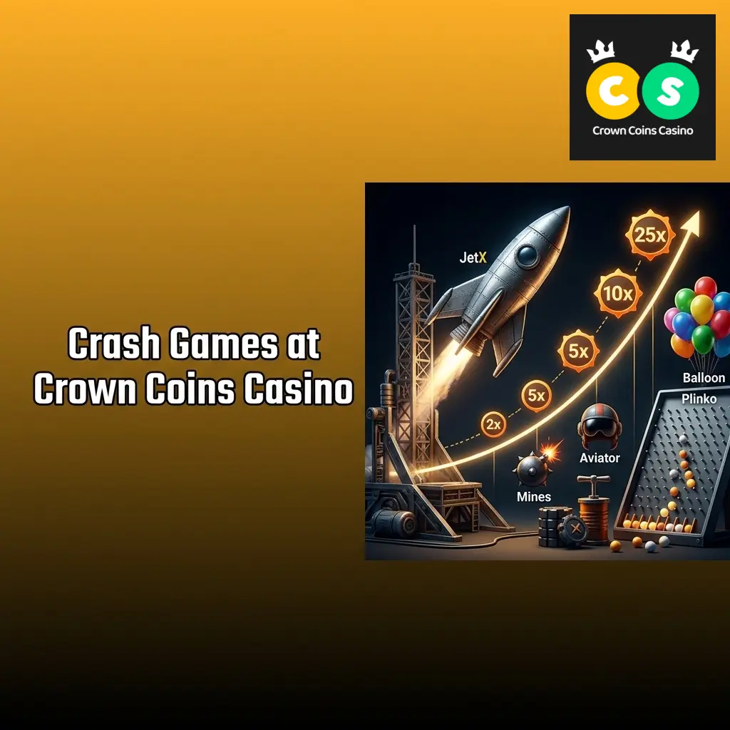 Crash games lobby at Crown Coins Casino featuring Aviator, Mines, Plinko, JetX, and Balloon titles