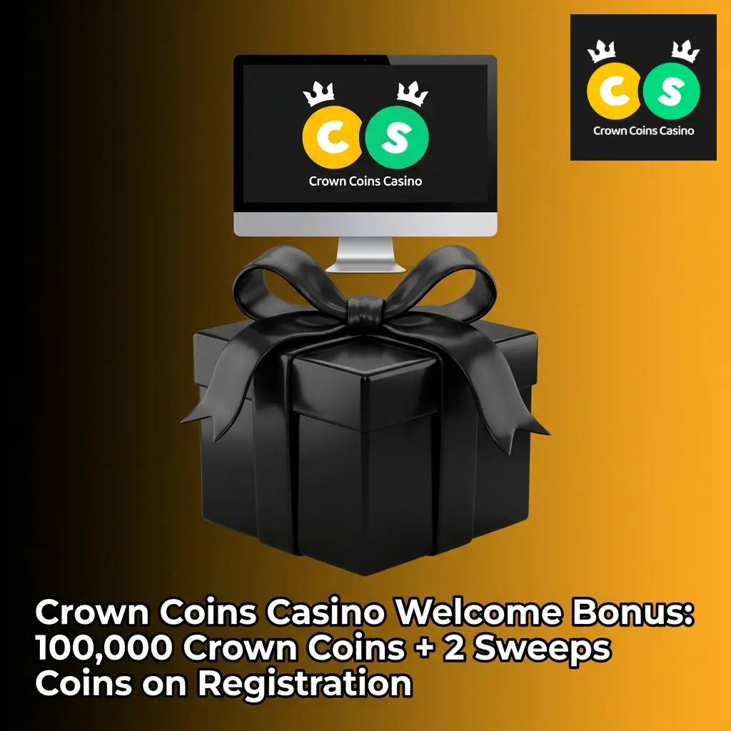 Crown Coins Casino welcome bonus showing 100,000 Crown Coins and 2 Sweeps Coins no-deposit registration offer