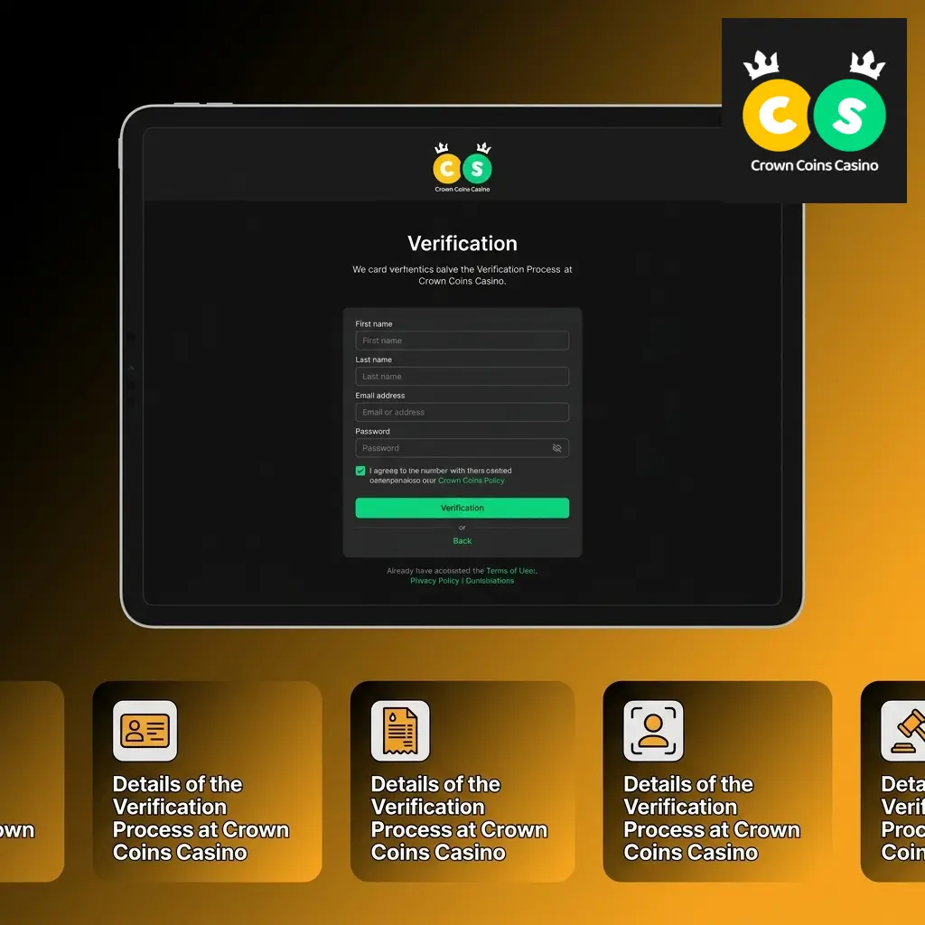Crown Coins Casino verification process showing ID submission, proof of address, and selfie check steps for account approval