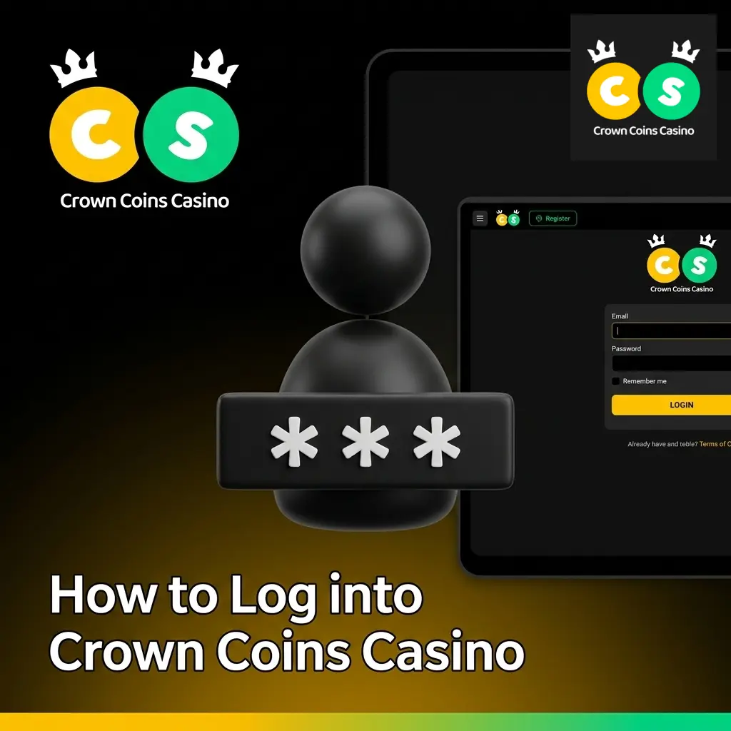 Crown Coins Casino login screen showing email and password fields for quick two-step account access