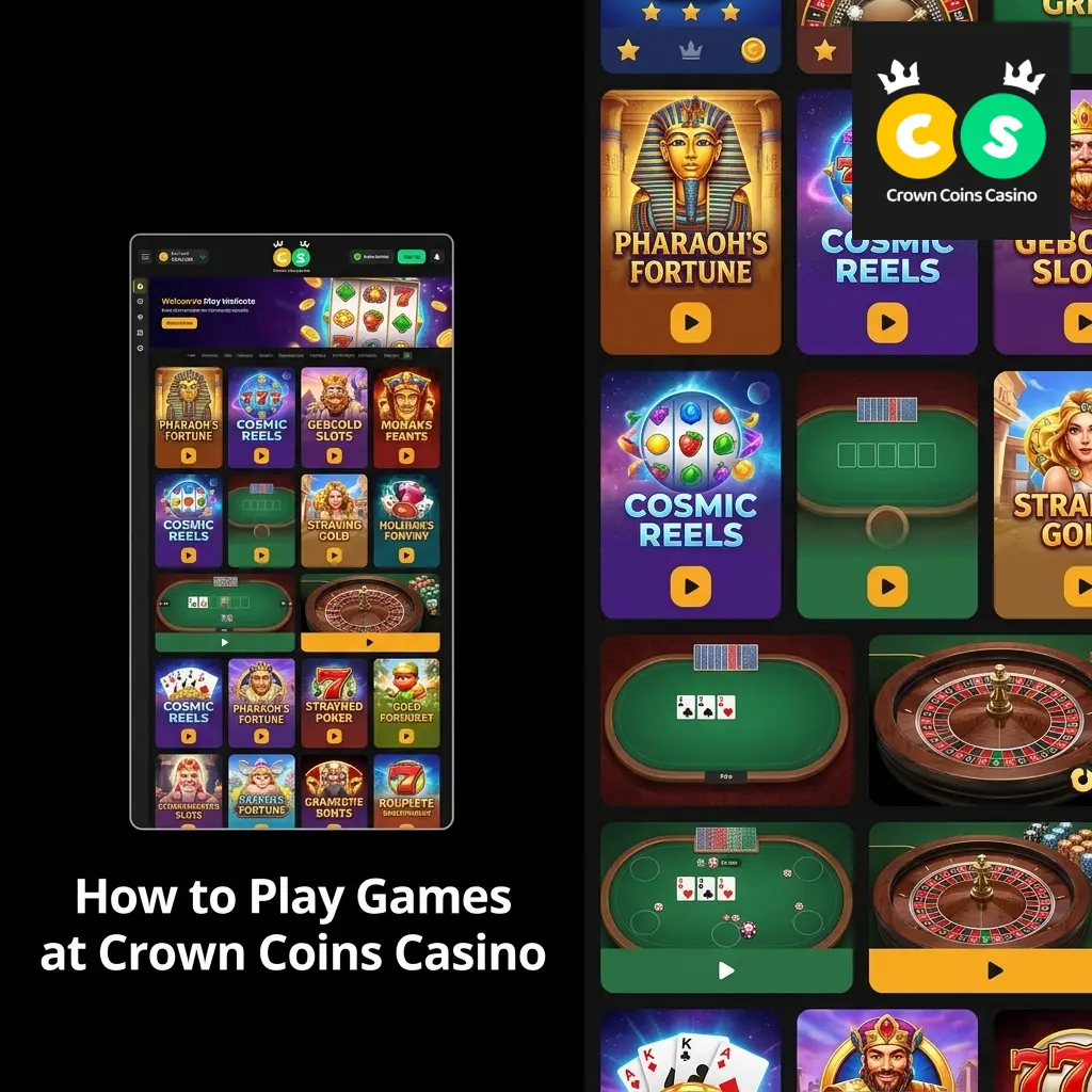 Crown Coins Casino game lobby showing currency modes, game filters, and play options for slots and live dealer games