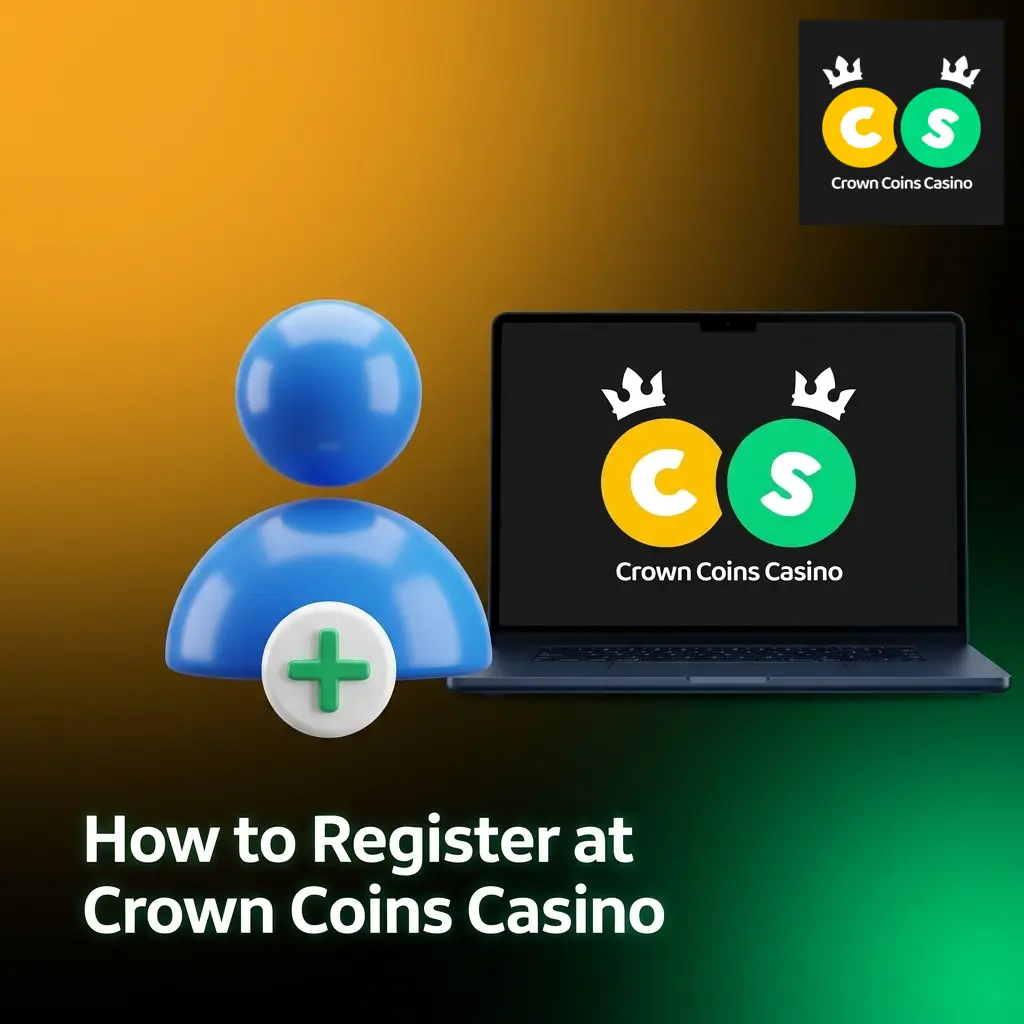 Step-by-step Crown Coins Casino registration and login guide showing sign-up form, verification, and welcome bonus details