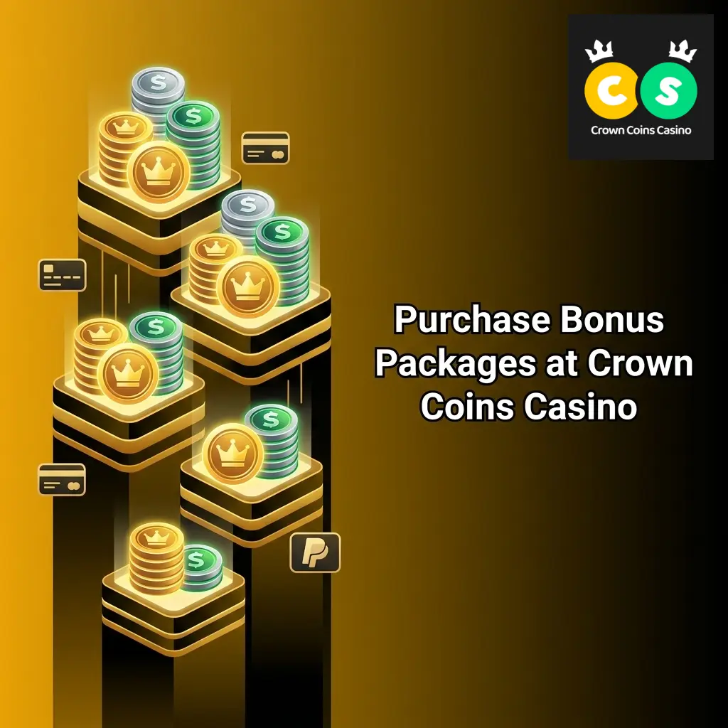 Crown Coins Casino coin purchase packages showing bundle tiers with Crown Coins and bonus Sweeps Coins allocations