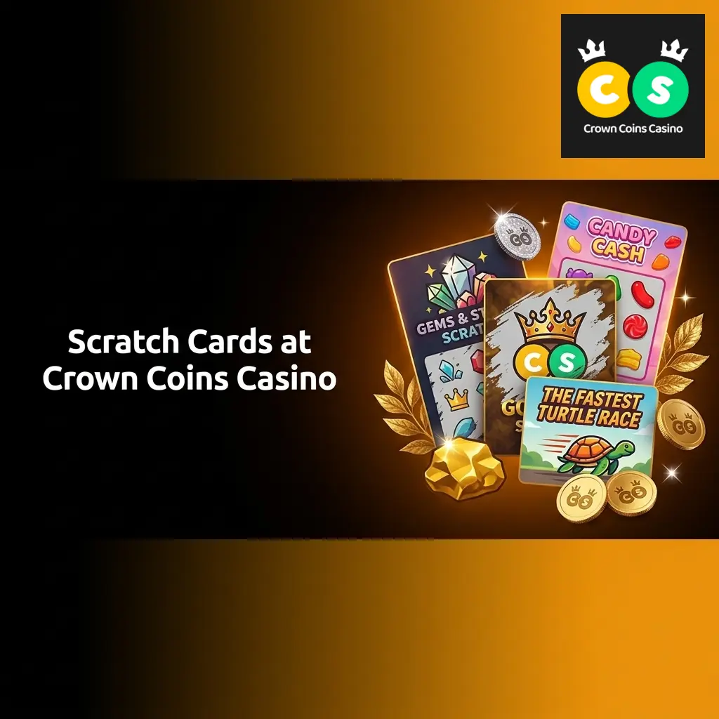 Crown Coins Casino scratch card games including Candy Cash, Gold Rush Scratch, Gems & Stones Scratch, and Wild Spin Scratch