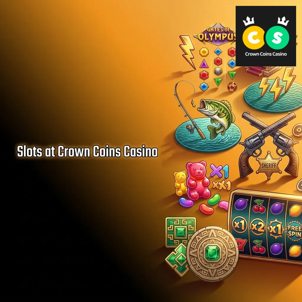 Five-reel video slots at Crown Coins Casino including Gates of Olympus, Big Bass Bonanza, and Wanted Dead or a Wild