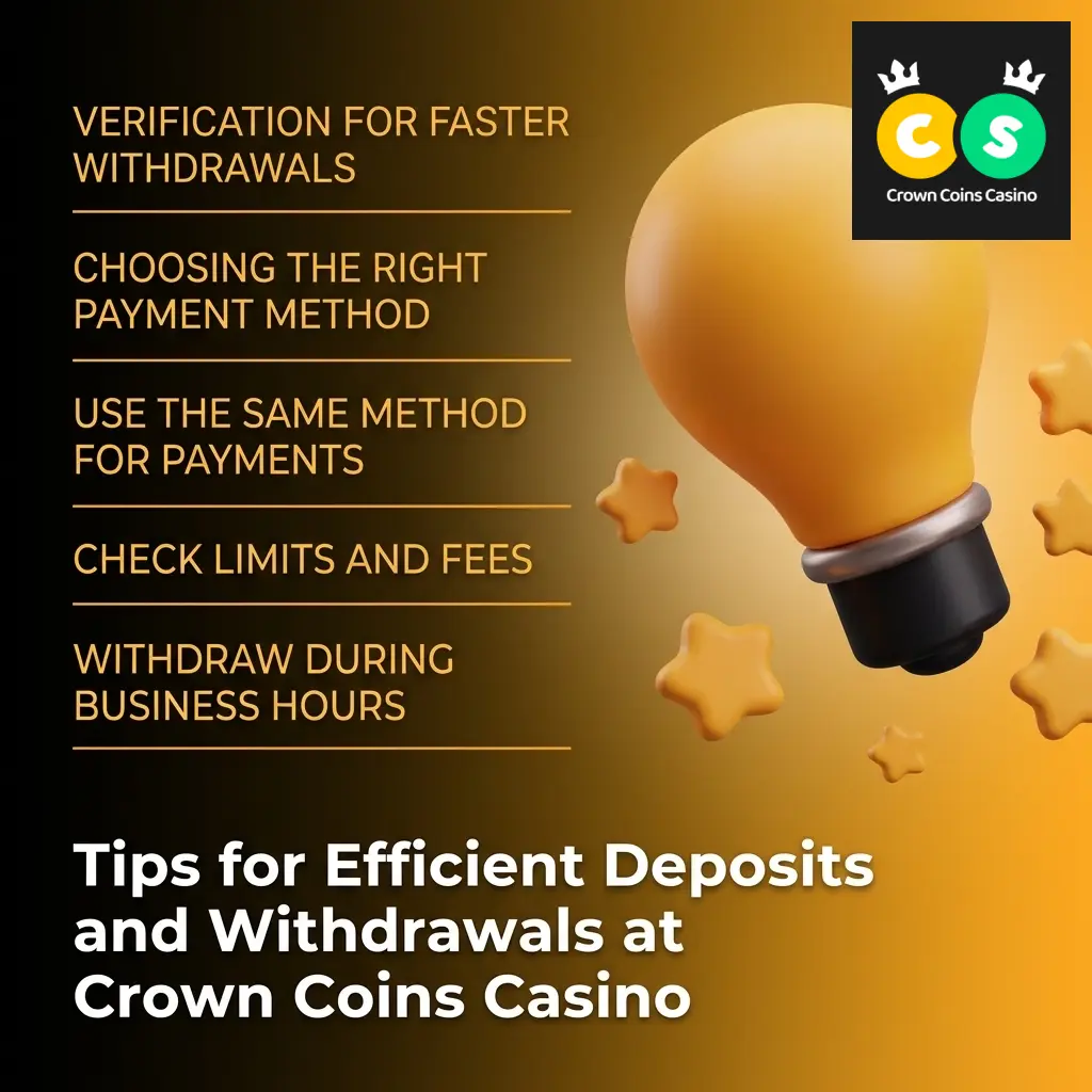 Crown Coins Casino deposit and withdrawal tips showing payment methods, limits, and verification steps for faster transactions