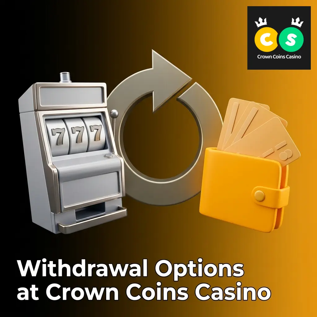 Crown Coins Casino withdrawal options table showing Visa, Mastercard, Amex, Discover, and Skrill methods with fees and speeds